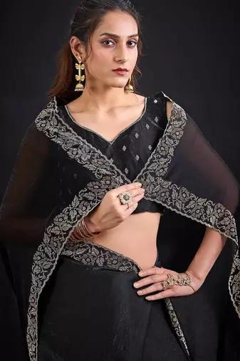 Black color fendi satin silk blend two tone zircon work saree