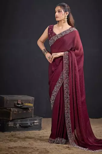 Maroon color fendi satin silk two tone zircon work saree