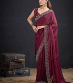 Maroon color fendi satin silk blend two tone zircon work saree