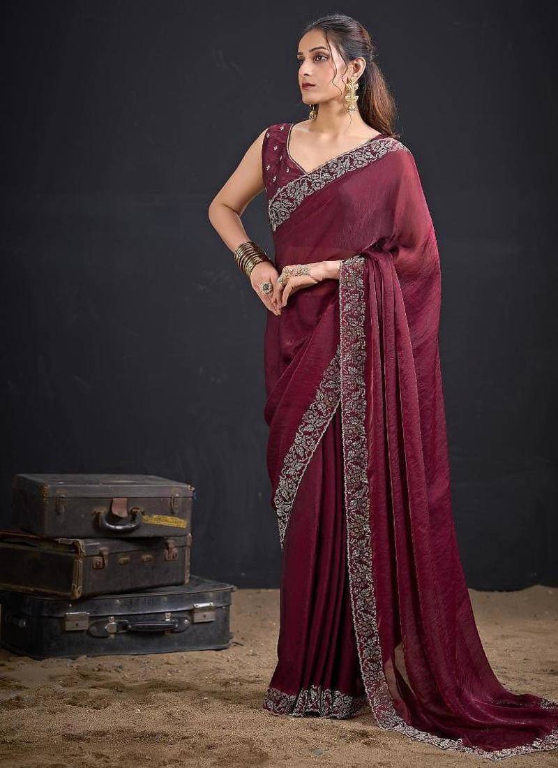 Maroon color fendi satin silk two tone zircon work saree