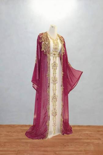 Designer Rani-Pink & Cream Embroidered Kaftan Dress