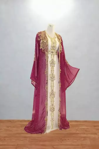 Designer Rani-Pink & Cream Embroidered Kaftan Dress