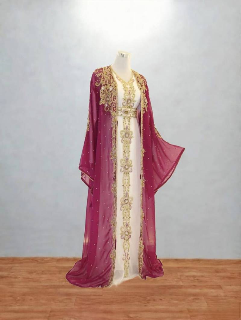 Designer Rani-Pink & Cream Embroidered Kaftan Dress