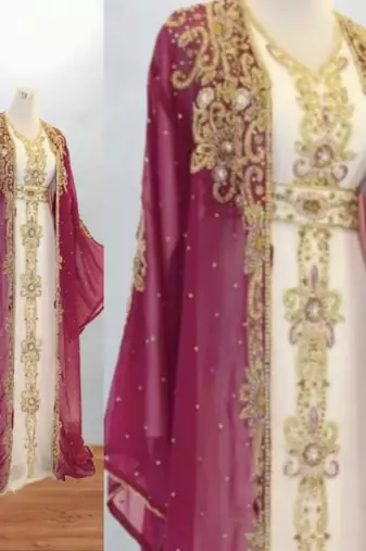 rani pink & cream embroidered kaftan gown for women