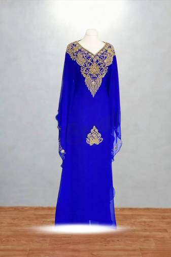 Designer Royal Blue Embroidered Kaftan Dress | Party Wear Ethnic Gown for Women | Zari Work Dubai Style Outfit