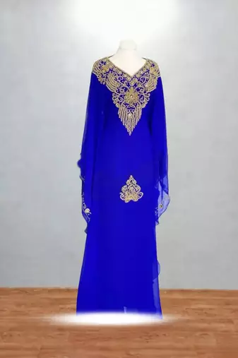 Designer Royal Blue Embroidered Kaftan Dress | Party Wear Ethnic Gown for Women | Zari Work Dubai Style Outfit