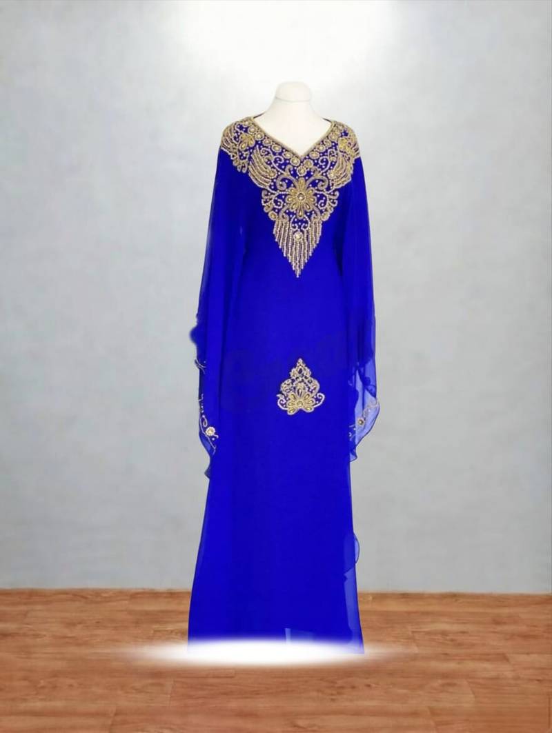 Designer Royal Blue Embroidered Kaftan Dress | Party Wear Ethnic Gown for Women | Zari Work Dubai Style Outfit