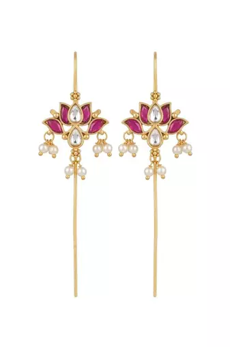 Padma Lotus Ear Cuff Earrings with Kundan, Pearl Drops & Sui Dhaaga Design | 18K Gold Plated