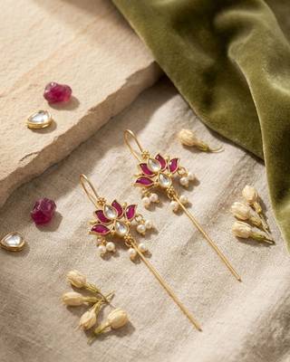 Padma Lotus Ear Cuff Earrings with Kundan, Pearl Drops & Sui Dhaaga Design | 18K Gold Plated 3