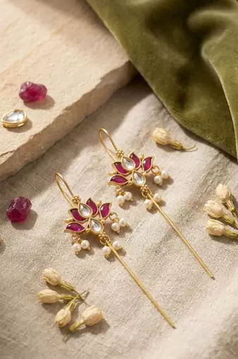 Padma Lotus Ear Cuff Earrings with Kundan, Pearl Drops & Sui Dhaaga Design | 18K Gold Plated