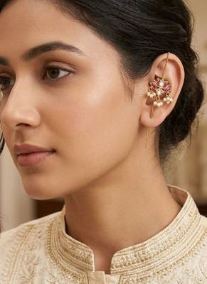 Padma Lotus Ear Cuff Earrings with Kundan, Pearl Drops & Sui Dhaaga Design | 18K Gold Plated 4