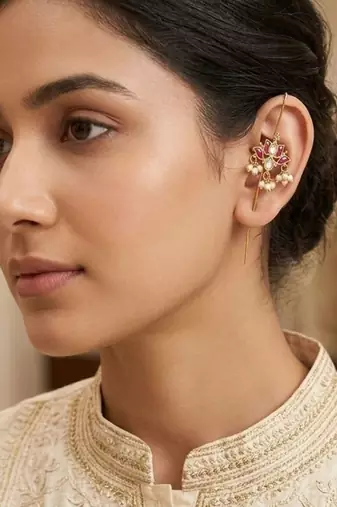 Padma Lotus Ear Cuff Earrings with Kundan, Pearl Drops & Sui Dhaaga Design | 18K Gold Plated