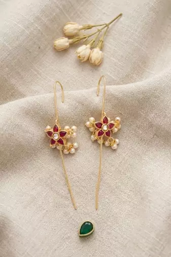 Pushpa Pearl Ear Cuff | Pearl Sui Dhaaga Stick Earrings | 18K Gold Plated Festive Jewellery