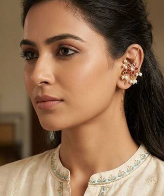 Pushpa Pearl Ear Cuff | Pearl Sui Dhaaga Stick Earrings | 18K Gold Plated Festive Jewellery 4