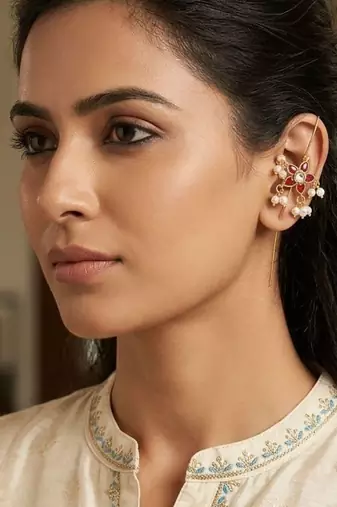 Pushpa Pearl Ear Cuff | Pearl Sui Dhaaga Stick Earrings | 18K Gold Plated Festive Jewellery