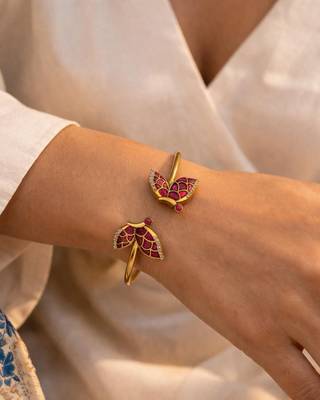 Ruby Wing Free Size Cuff Bracelet | 18K Gold Plated Festive Wear Jewellery 4
