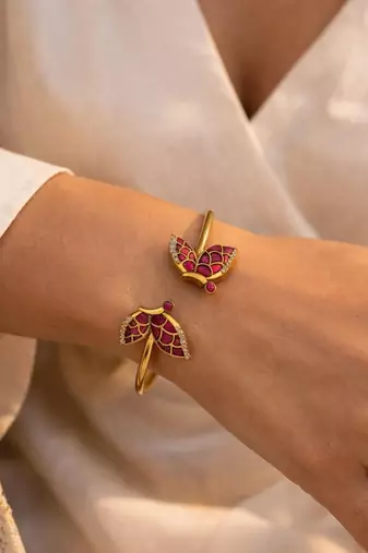 Ruby Wing Free Size Cuff Bracelet | 18K Gold Plated Festive Wear Jewellery
