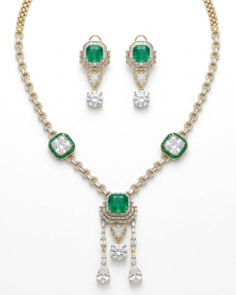 Emerald asteria american diamond necklace set