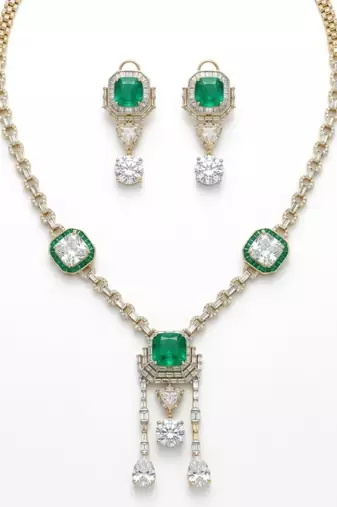 Emerald Asteria American Diamond Necklace Set | Green Stone CZ Chain Link & Diamond Drop Statement Jewellery