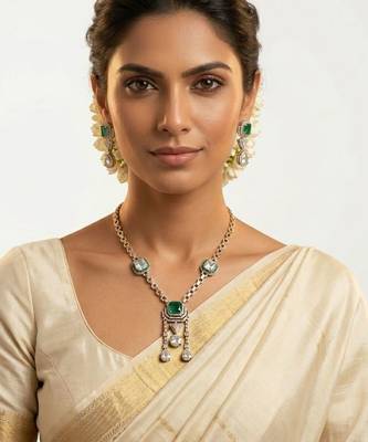 Emerald Asteria American Diamond Necklace Set | Green Stone CZ Chain Link & Diamond Drop Statement Jewellery 3