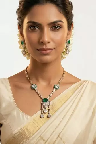 Emerald Asteria American Diamond Necklace Set | Green Stone CZ Chain Link & Diamond Drop Statement Jewellery