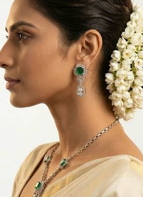 Emerald Asteria American Diamond Necklace Set | Green Stone CZ Chain Link & Diamond Drop Statement Jewellery 4