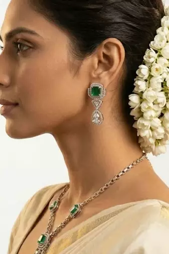 Emerald Asteria American Diamond Necklace Set | Green Stone CZ Chain Link & Diamond Drop Statement Jewellery