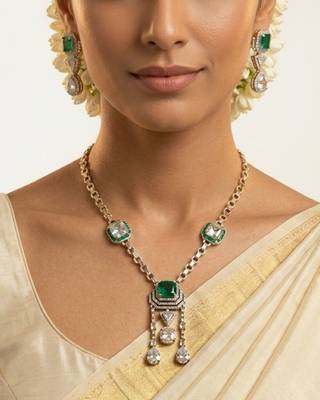 Emerald Asteria American Diamond Necklace Set | Green Stone CZ Chain Link & Diamond Drop Statement Jewellery 5