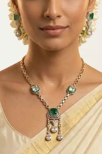 Emerald Asteria American Diamond Necklace Set | Green Stone CZ Chain Link & Diamond Drop Statement Jewellery