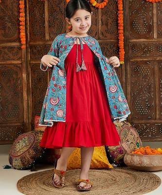 red cotton dress with blue printed shrug set for girls 1