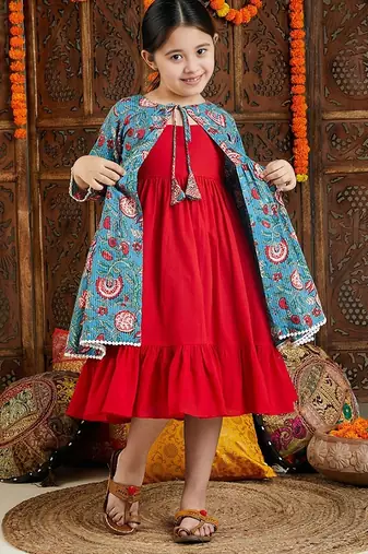 red cotton dress with blue printed shrug set for girls