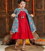 red cotton dress with blue printed shrug set for girls