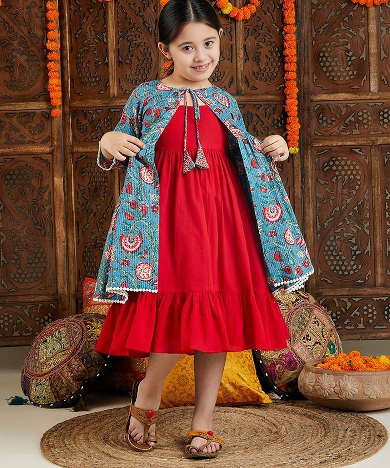 Red & blue printed cotton ethnic dress with shrug set for girls
