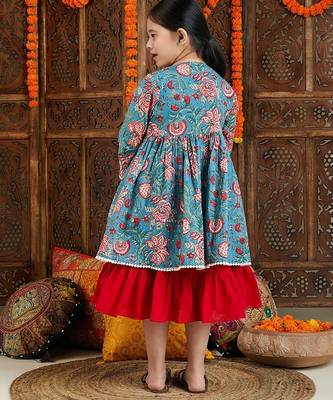 red cotton dress with blue printed shrug set for girls 2