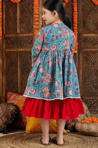 red cotton dress with blue printed shrug set for girls