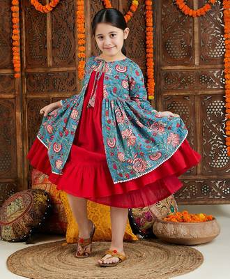 red cotton dress with blue printed shrug set for girls 3