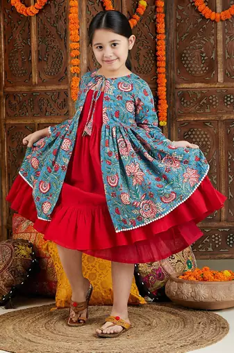 red cotton dress with blue printed shrug set for girls