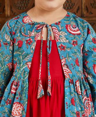 red cotton dress with blue printed shrug set for girls 4