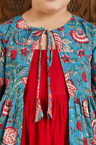 red cotton dress with blue printed shrug set for girls
