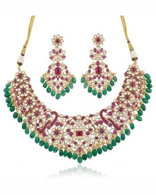 Zarmina Polki Emerald Bridal Necklace Set | 18K Gold Plated Green Beads, Red & White Stone Statement Jewellery 2