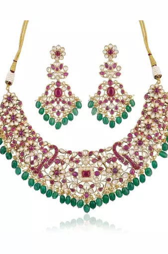 Zarmina Polki Emerald Bridal Necklace Set | 18K Gold Plated Green Beads, Red & White Stone Statement Jewellery