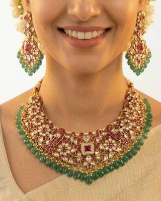 Zarmina Polki Emerald Bridal Necklace Set | 18K Gold Plated Green Beads, Red & White Stone Statement Jewellery 3