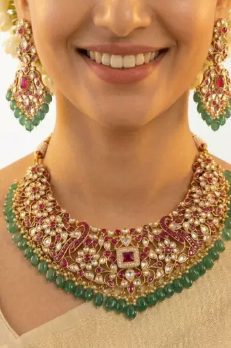 Zarmina Polki Emerald Bridal Necklace Set | 18K Gold Plated Green Beads, Red & White Stone Statement Jewellery