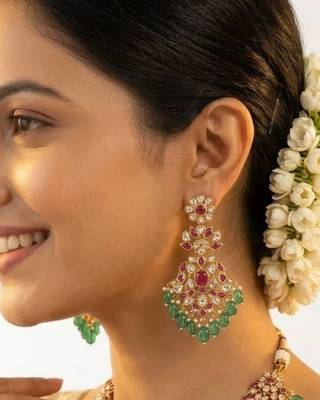 Zarmina Polki Emerald Bridal Necklace Set | 18K Gold Plated Green Beads, Red & White Stone Statement Jewellery 4