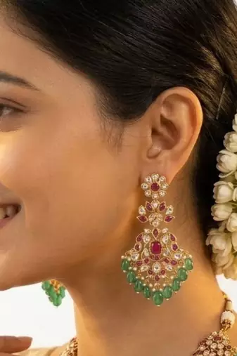 Zarmina Polki Emerald Bridal Necklace Set | 18K Gold Plated Green Beads, Red & White Stone Statement Jewellery