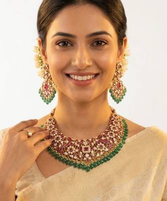 Zarmina Polki Emerald Bridal Necklace Set | 18K Gold Plated Green Beads, Red & White Stone Statement Jewellery 5