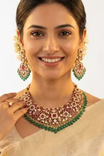 Zarmina Polki Emerald Bridal Necklace Set | 18K Gold Plated Green Beads, Red & White Stone Statement Jewellery