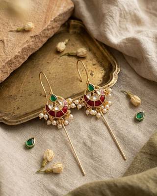 Vira Temple Pearl Ear Cuff | Temple Design Sui Dhaaga Stick Earrings | 18K Gold Plated Jewellery 3