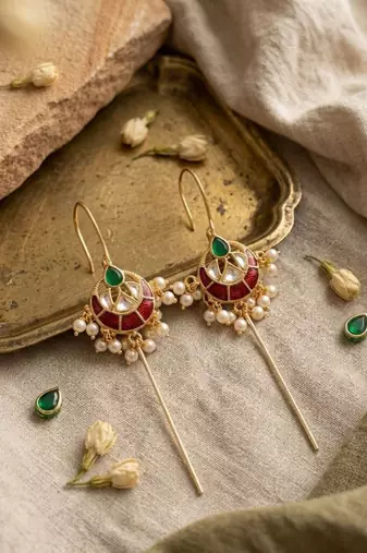 Vira Temple Pearl Ear Cuff | Temple Design Sui Dhaaga Stick Earrings | 18K Gold Plated Jewellery