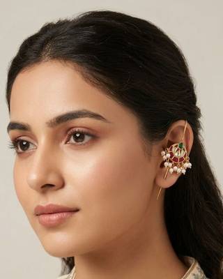 Vira Temple Pearl Ear Cuff | Temple Design Sui Dhaaga Stick Earrings | 18K Gold Plated Jewellery 4